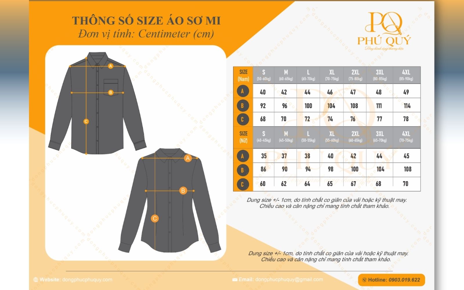 Bảng size áo sơ mi khách sạn