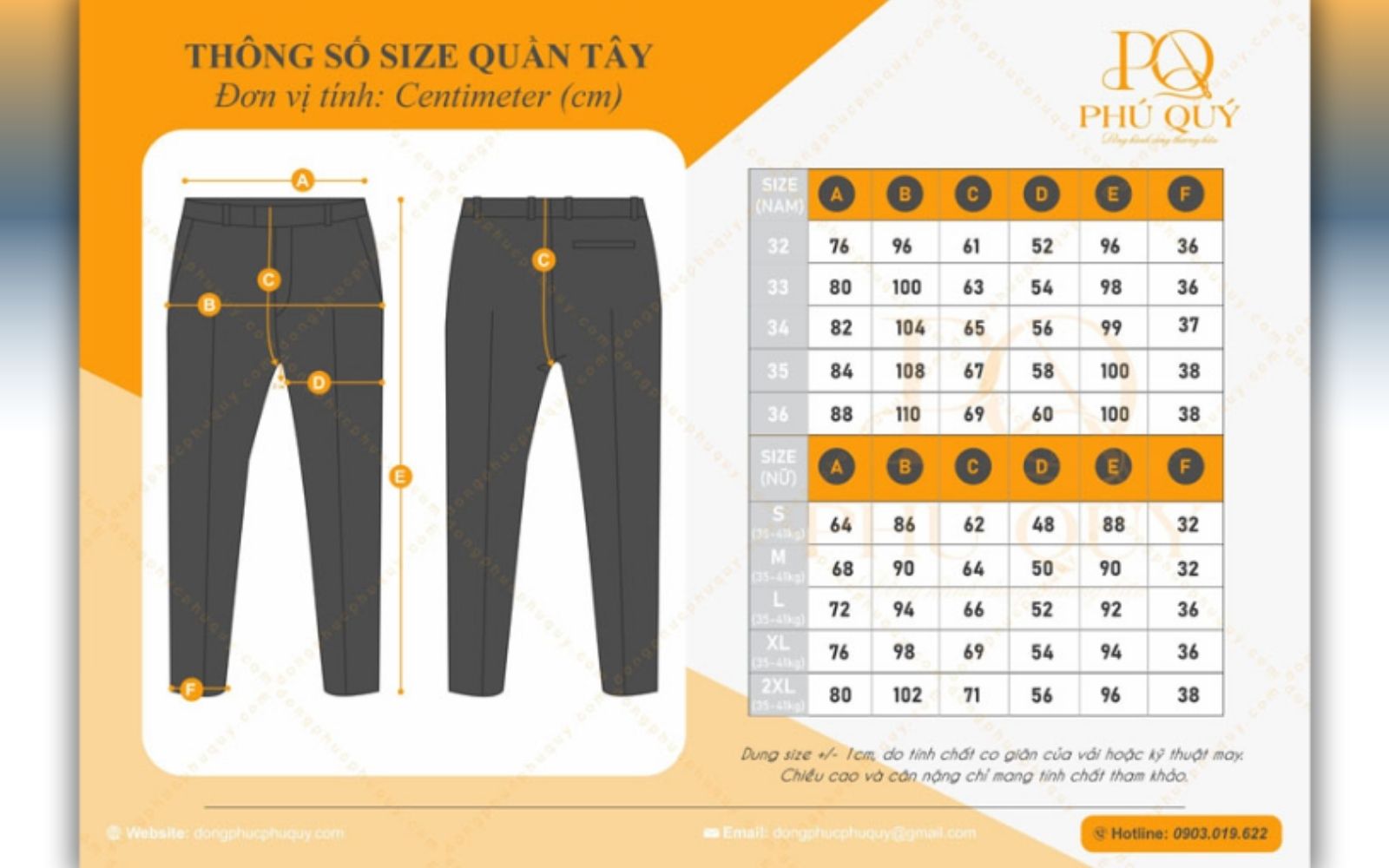 Bảng size may quần tây đồng phục cho nhân viên khách sạn