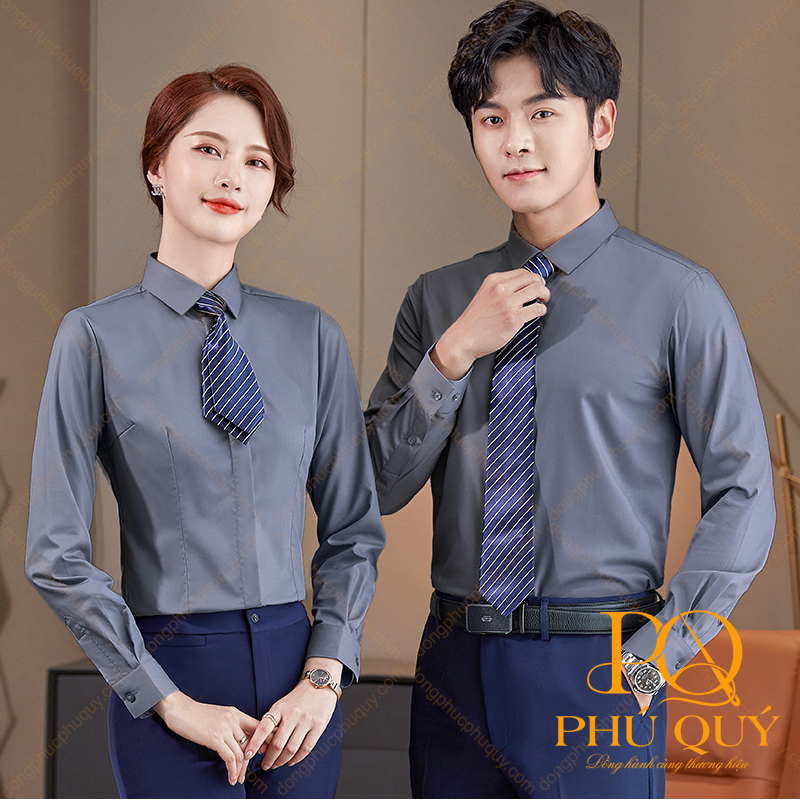 Mẫu áo sơ mi đồng phục công sở màu xám nam nữ