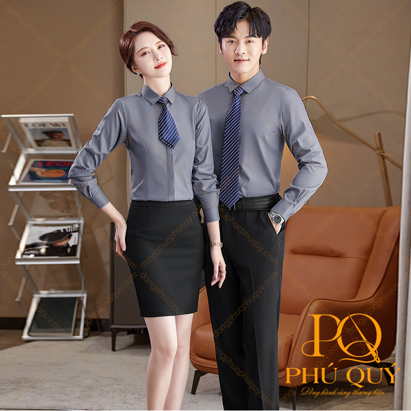 Mẫu áo sơ mi đồng phục công sở màu xám nam nữ