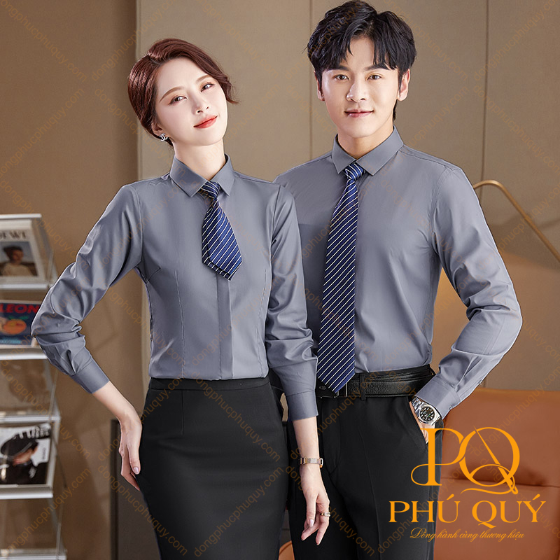 Mẫu áo sơ mi đồng phục công sở màu xám nam nữ