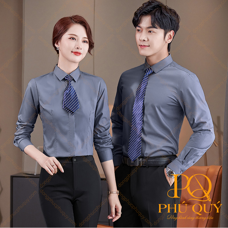 Mẫu áo sơ mi đồng phục công sở màu xám nam nữ